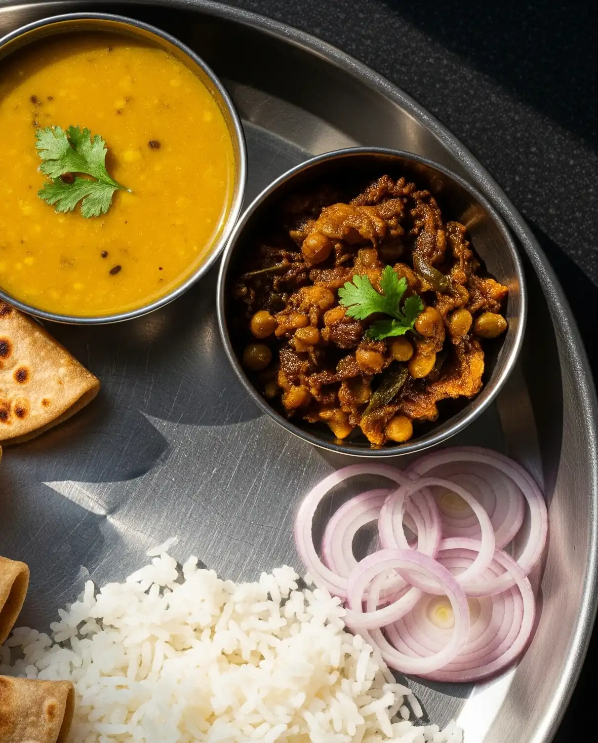 Steel plate tiffin with dal tadka, mixed veg curry, rice – Nashik homemade meal