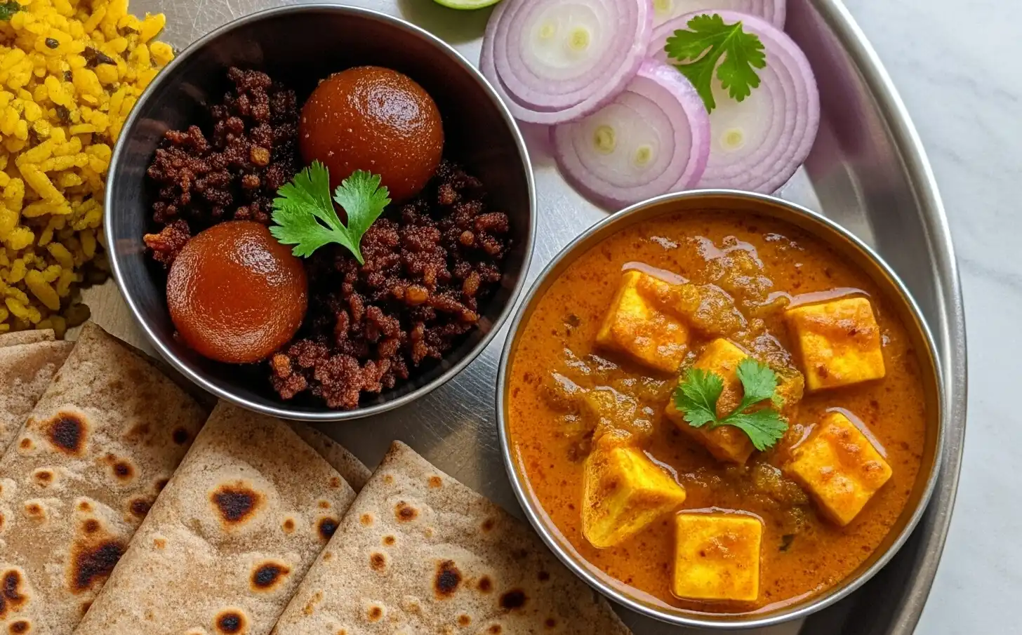 Steel tiffin tray with rice, dal, rajma, paratha – Nashik lunch box