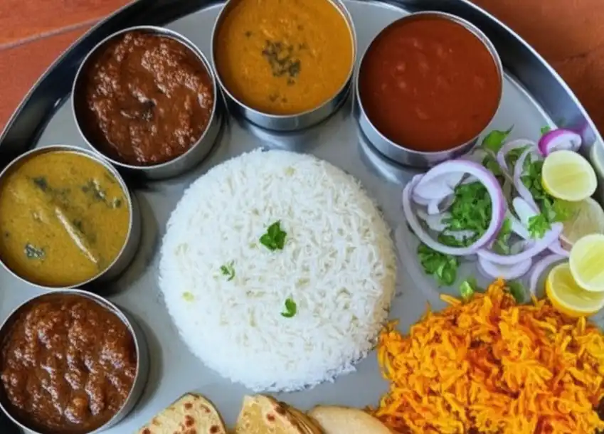 Steel plate tiffin with rice, dal, paneer curry, onion salad – Nashik meal