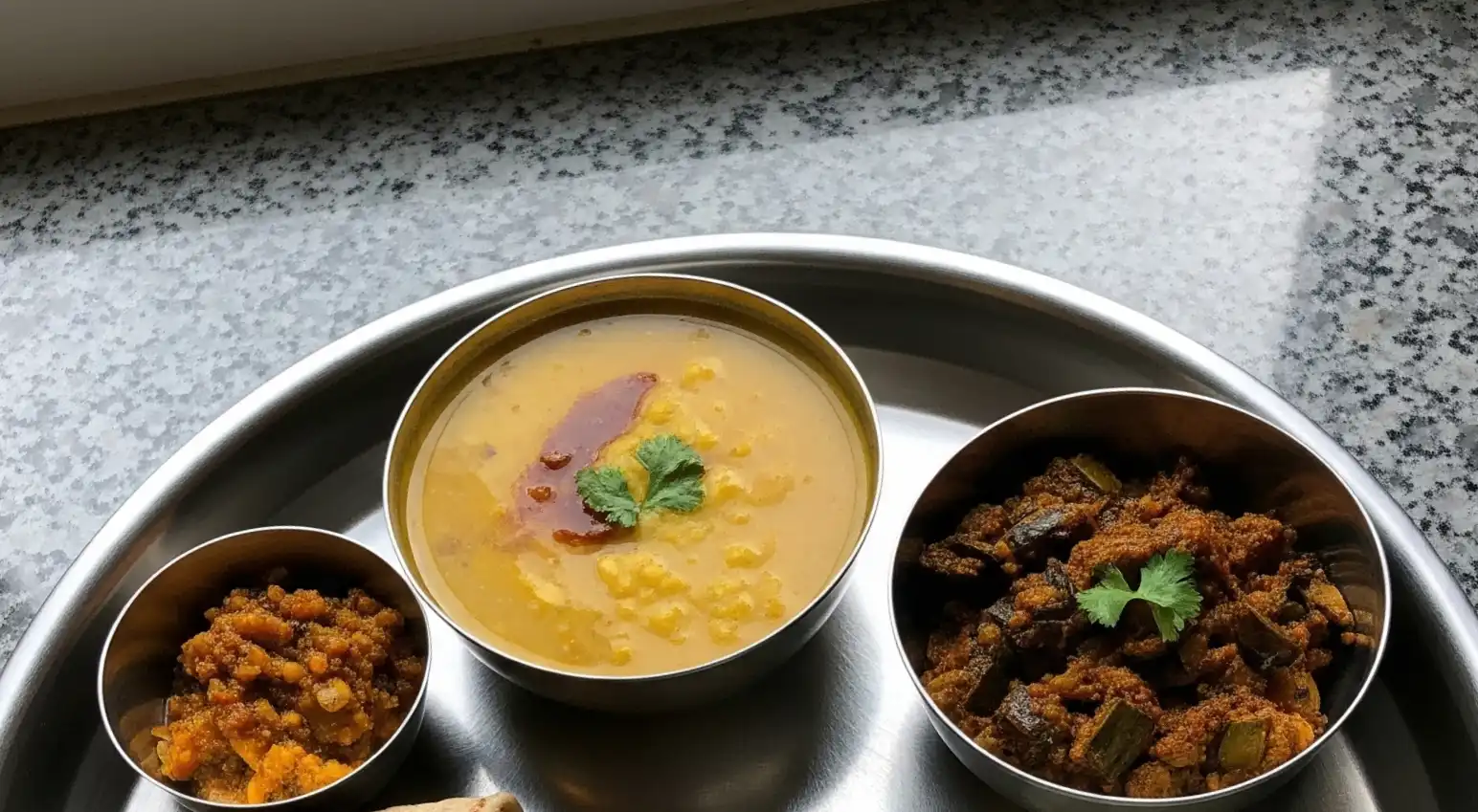Steel plate tiffin: dal, vegetable curry, rice – Nashik food delivery