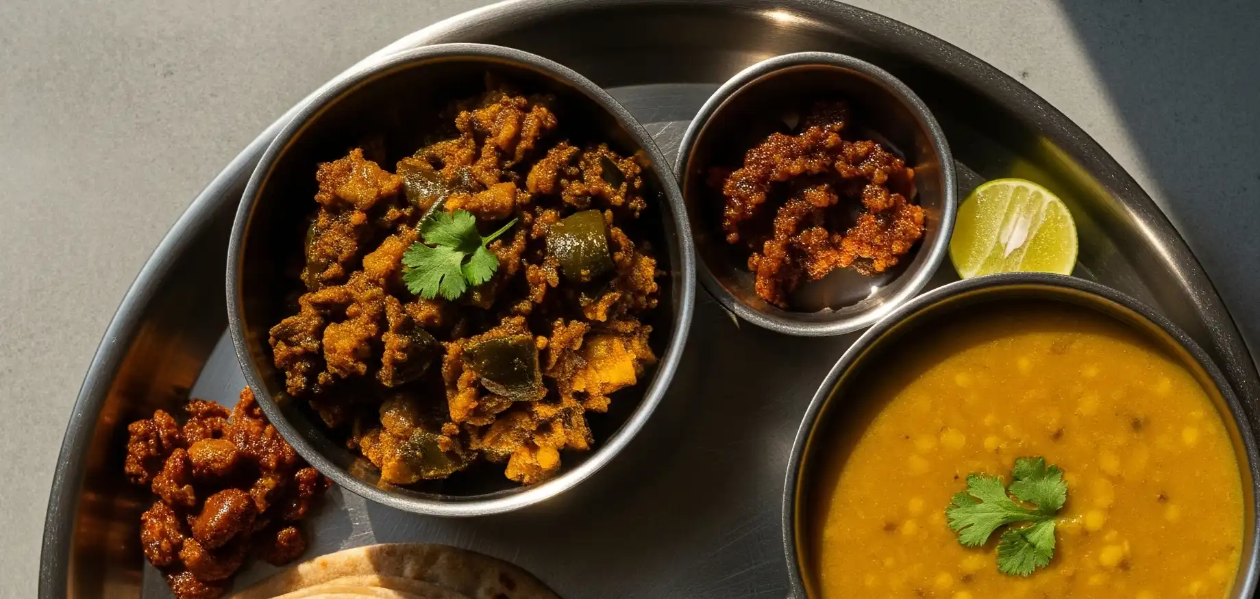 Steel lunch tiffin: dal, mixed veg curry, rice, onion – Nashik service