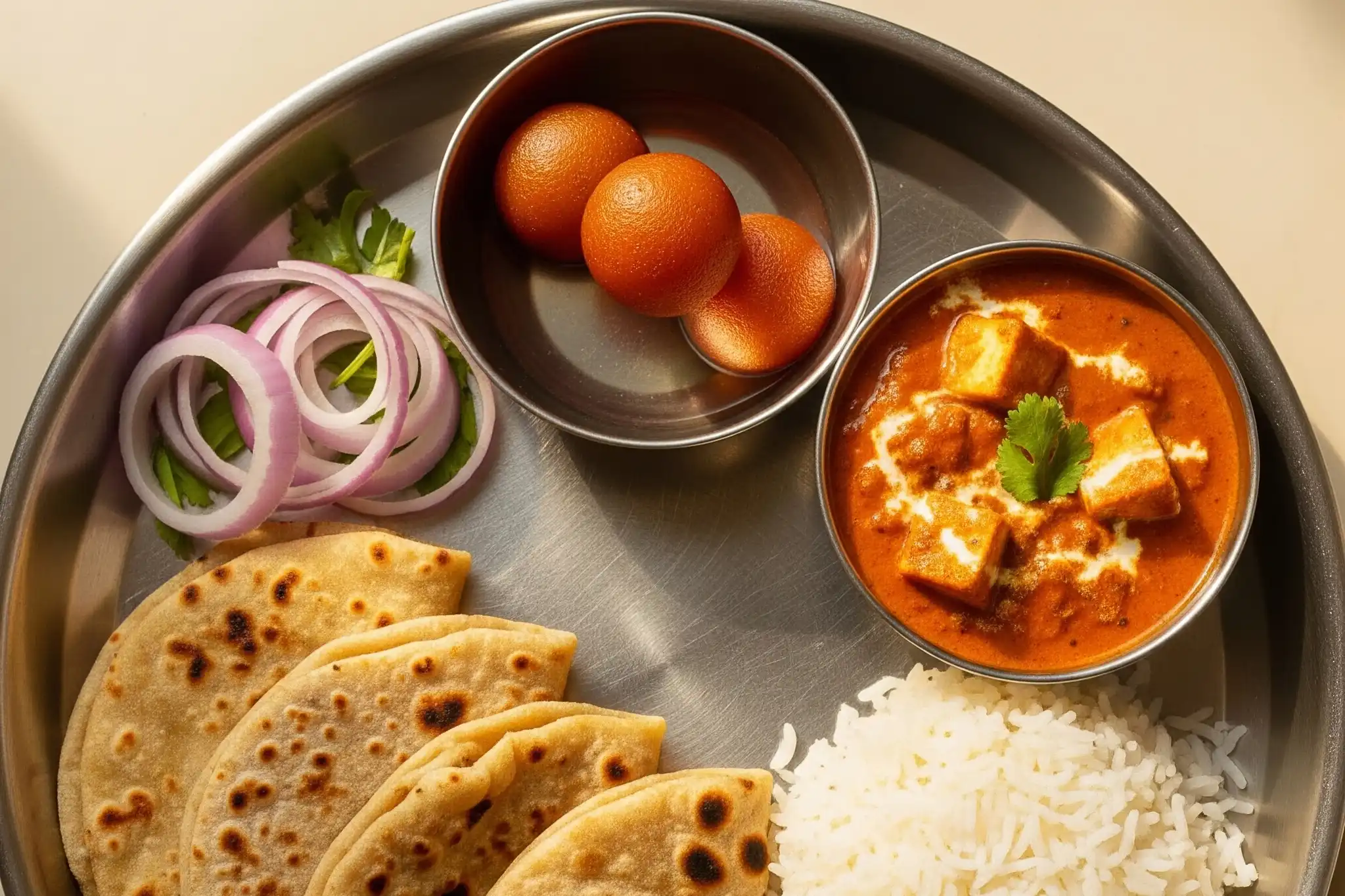 Steel tiffin tray with roti, dal, curry, sweet ladoo – Nashik thali