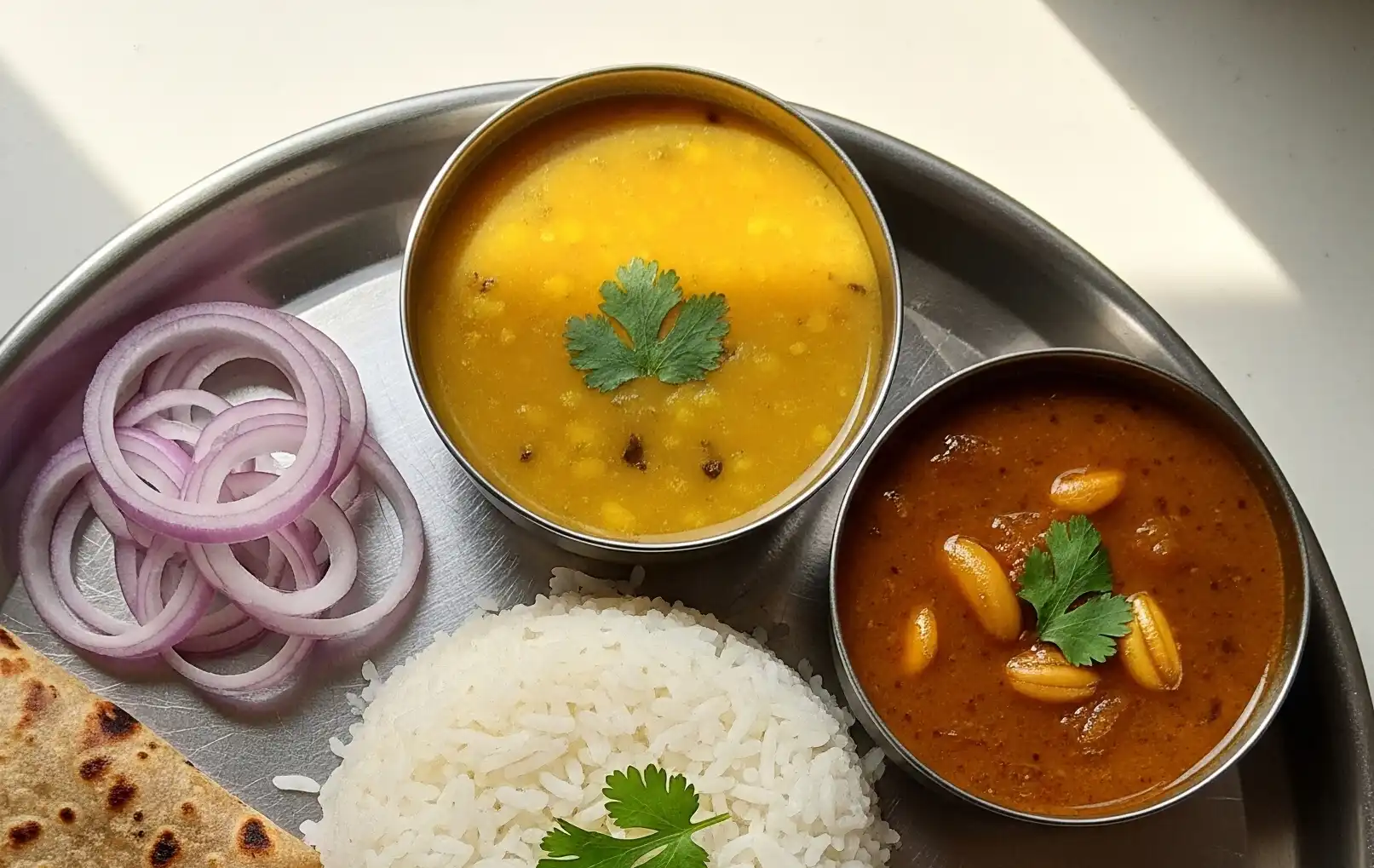 Steel tiffin tray with yellow dal and chana masala – Nashik lunch box