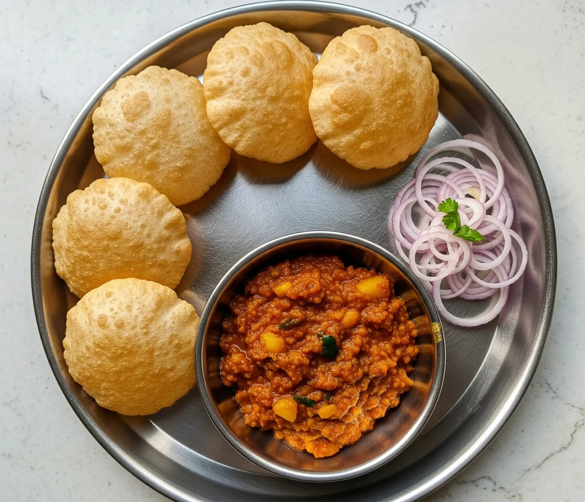 Steel plate filled with puris, aloo sabzi, onion rings – Nashik breakfast tiffin