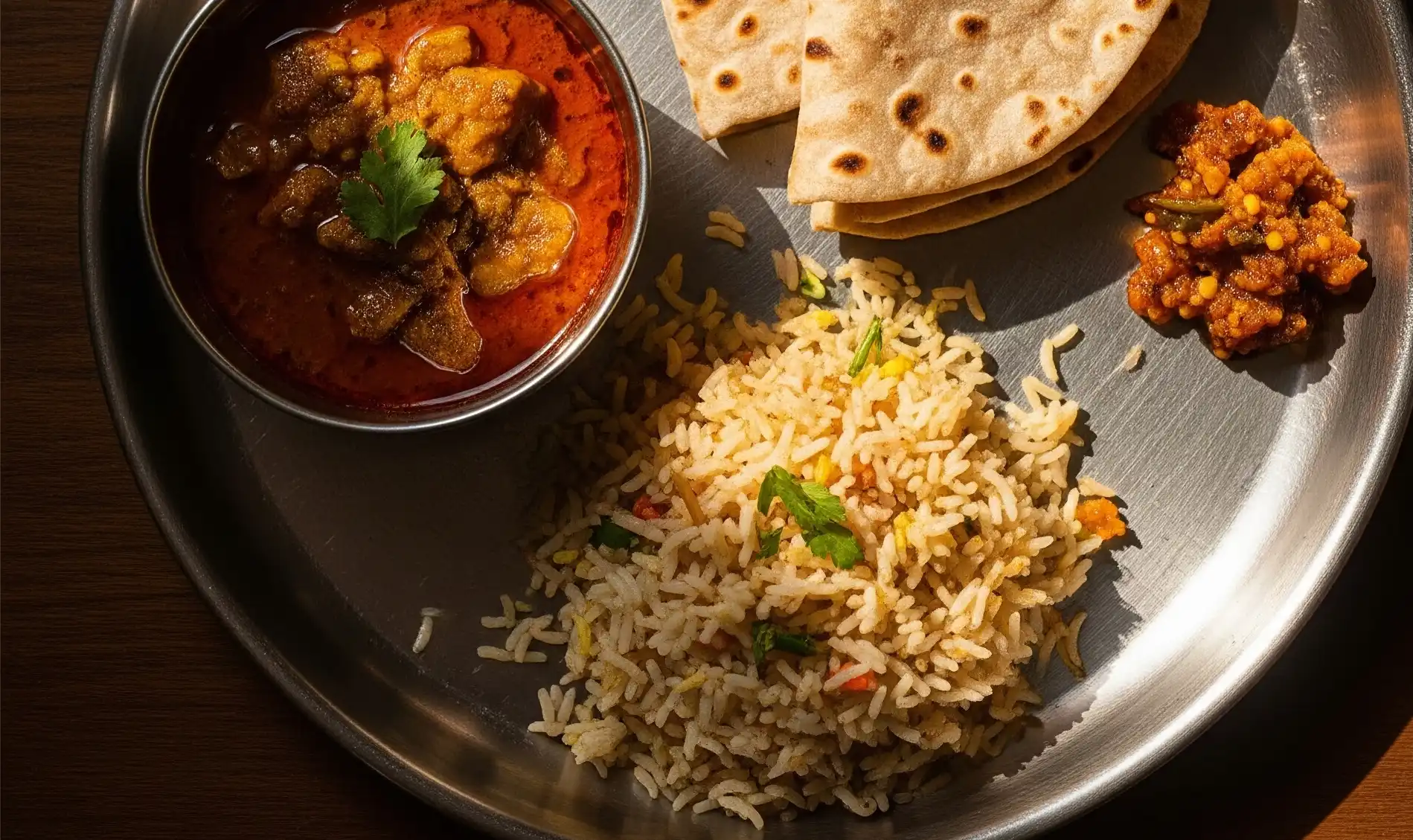 Steel plate tiffin: pulao, curry, papad – Nashik homemade lunch