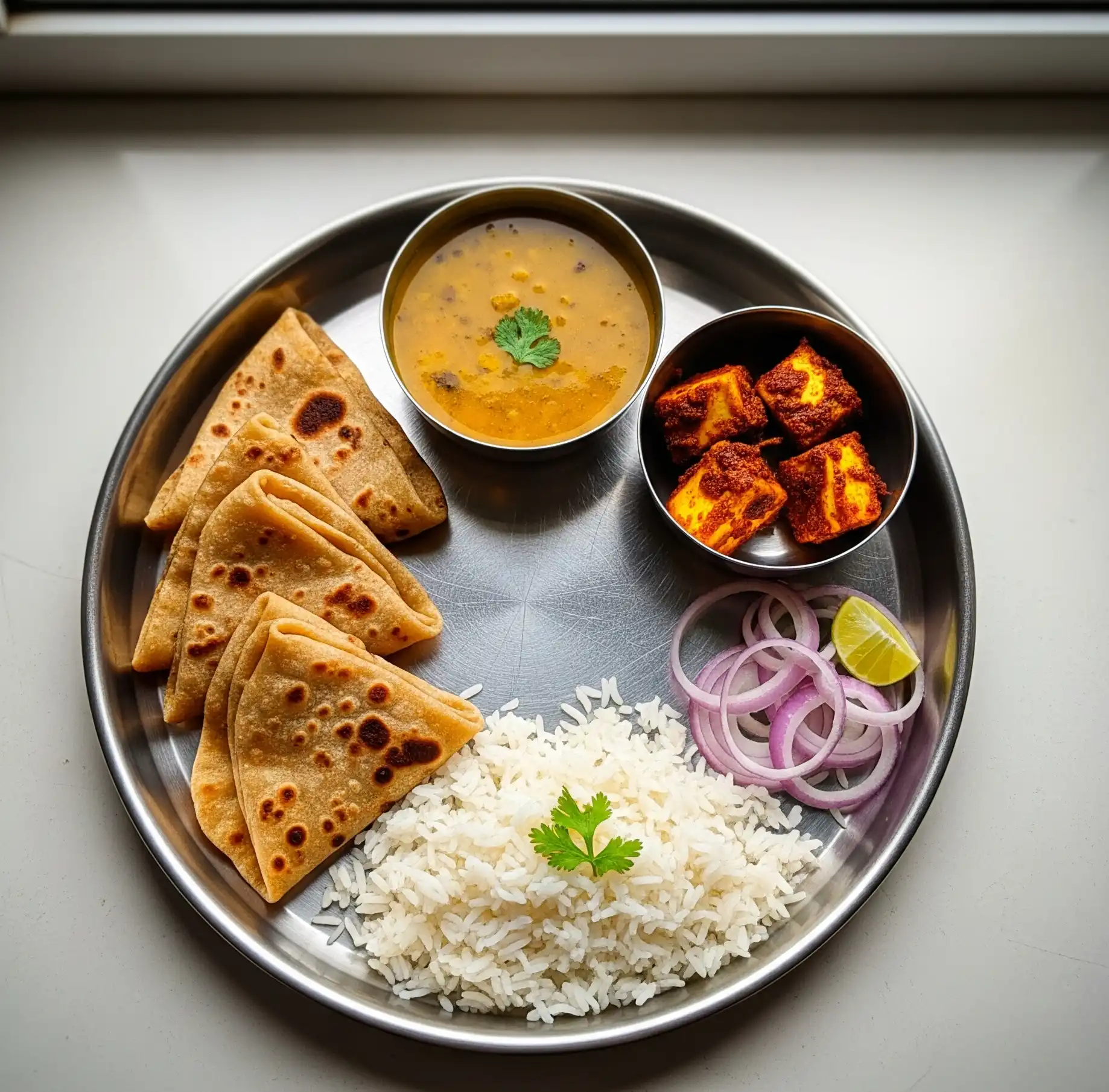 Steel tiffin tray with paratha, paneer curry, dal – Nashik tiffin box