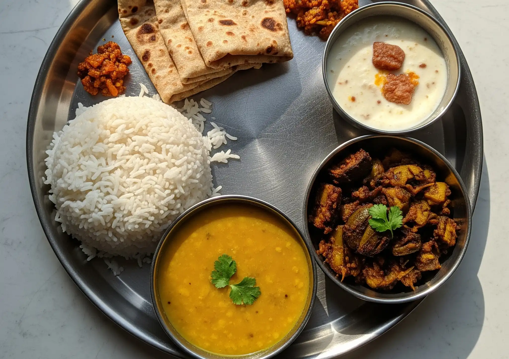Steel plate tiffin: dal, chana, rice, vegetable curry – Nashik lunch service